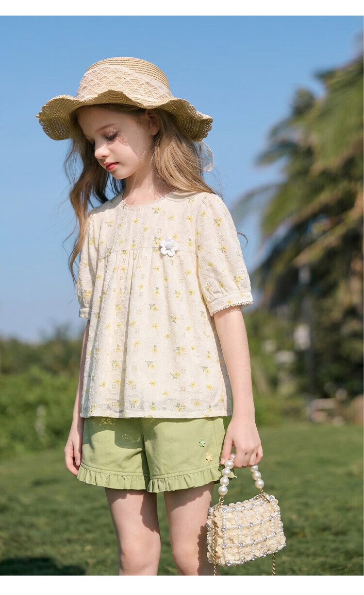 CHANZUIGOU Girls' Glutinous Yellow Floral Print Short Sleeve Top 2026 Summer New Stylish Versatile Shirt 17